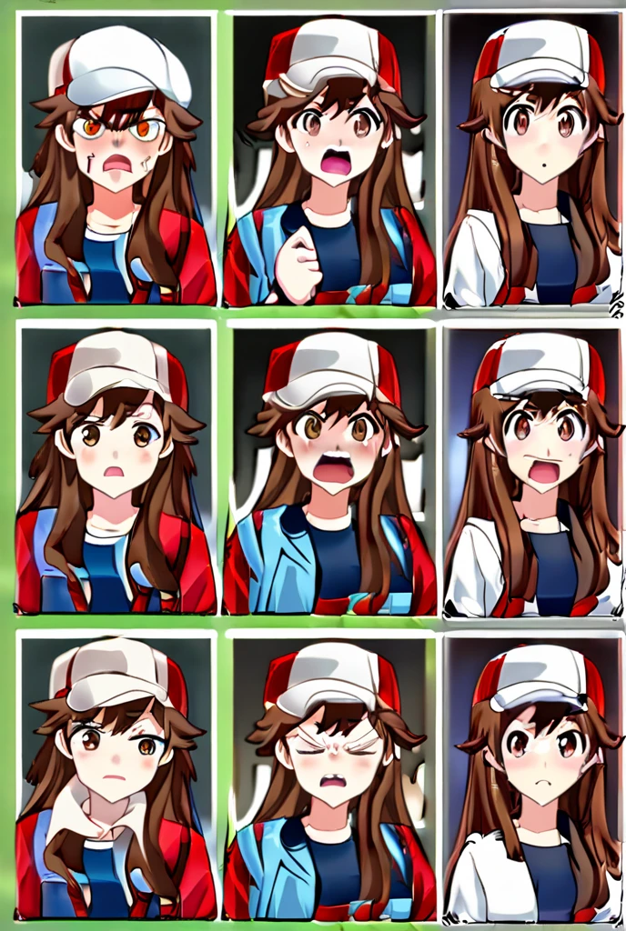 Cute girl avatar,Emoji pack,(beret),(9 emojis,emoji sheet of,Align arrangement),9 poses and expressions(grieves,astonishment,having fun,exhilarated,big laughter,Angry,doubt,Touch your head,Sell moe, wait),Anthropomorphic style,Disney style,Black strokes,Different emotions,9 poses and expressions,8K