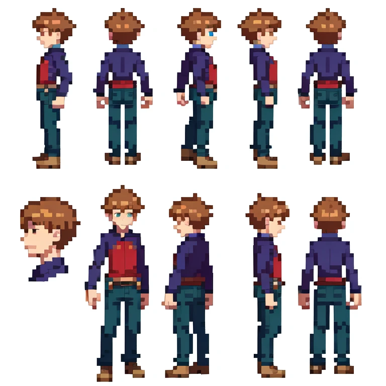 character, a 6 boy standing,thinking something , multi poses and expressions,all angles,animation character sheets,flat illustration,no outline,no backgraound --at 16:9 --auto --s2