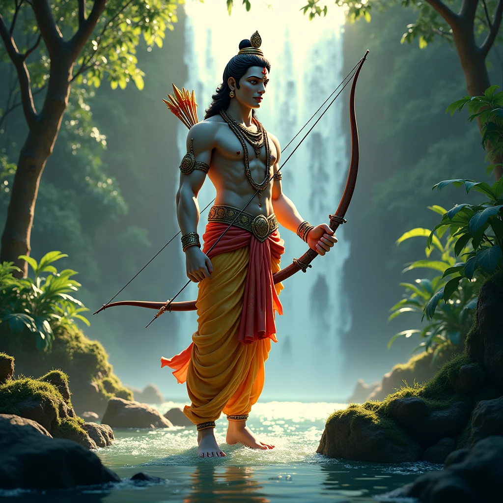 Generate in cinematic 3d cartoon style 
Lord Ram drawing an arrow** from his quiver, with a determined expression on his face.