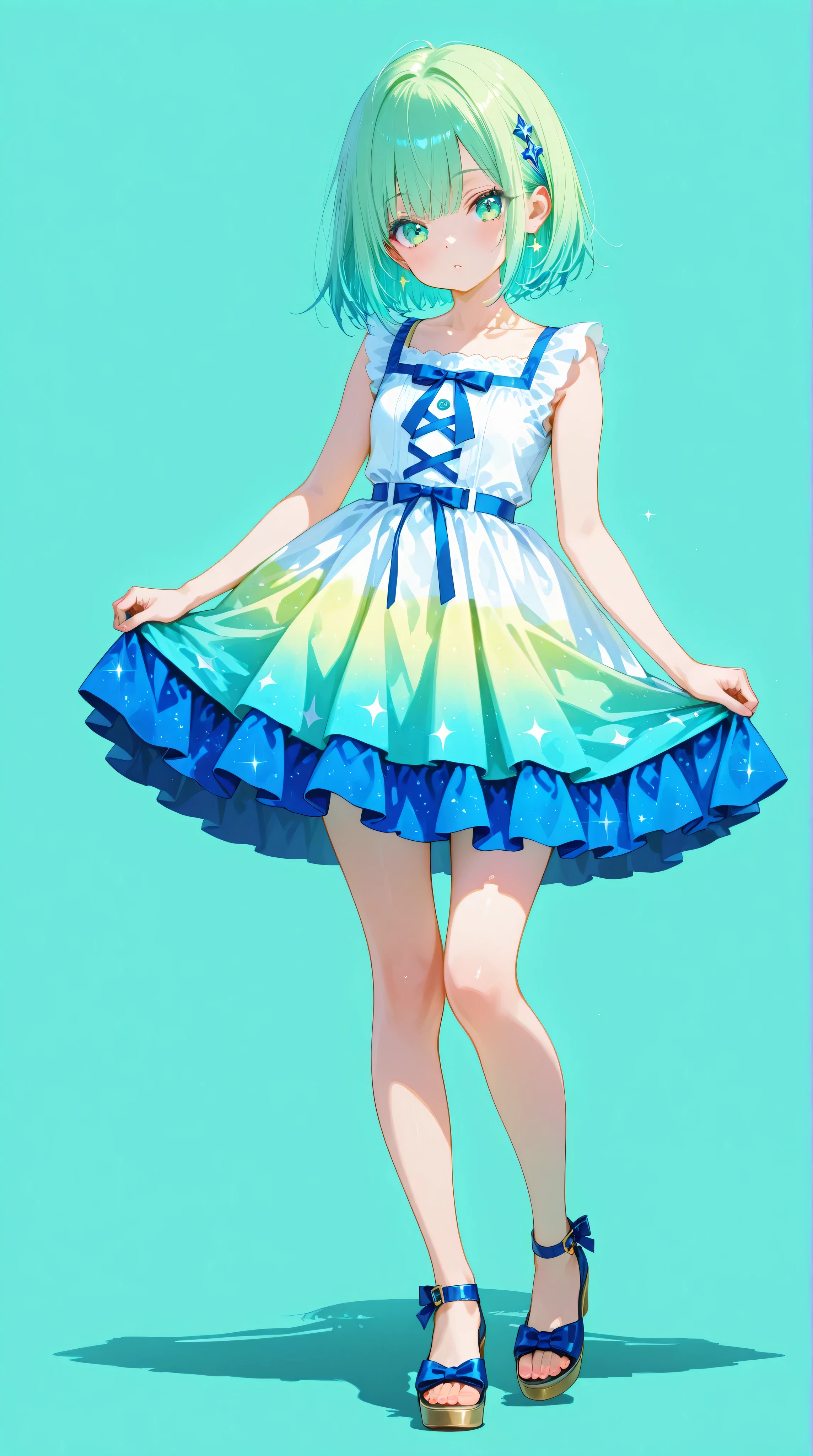 A photoreal portrait of a 22-year American girl with vibrant hair and a cute, wearing a colorful dress that accentuates her small, sexy body. She smiles brightly at the viewer, her sparkling green eyes filled with warmth. Full body shot, 8k hdr, high detail, a lot of details, high quality, she should have a playful inviting expression, no background, green background, teal background, blue background,