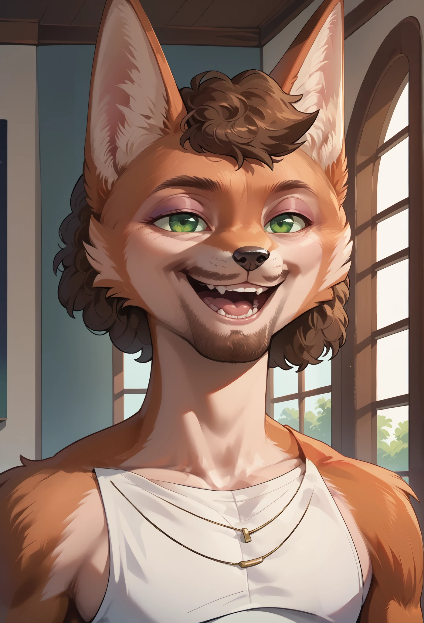 score_9, score_8_up, score_7_up, score_6_up, score_5_up, score_4_up, 1man, solo, Sineki, curly hair, fox male, brown body, short hair, green eyes, eyeshadow, body fur, detailed, beautiful, female, vector, flat colors, 4k, ultra detailed, open mouth, (masterpiece, high quality, best quality, 8k uhd, absurd res, very aesthetic, newest), ((2d, cartoon)), gigachad, muscular, facial hair, smiling
