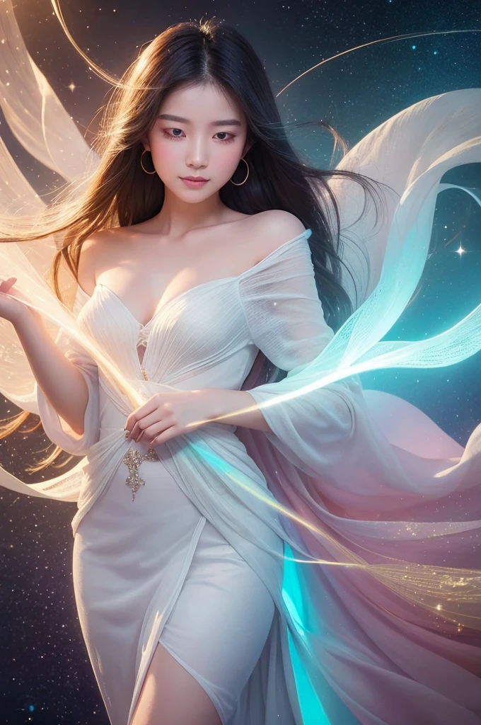 Miss, Long hair, Sunlight, , iridescent dress, Luminescence stars, Digital Illustration, Luminescence lotus, Deflection peak, Chromatic Aberration, Bloom and (Luminescence, holographic foil:0.6), Beautiful fantasy queen, Gu Weiss, Ruan Jia and Artgerm, Beautiful fantasy girl, Japanese Goddess, The inside is empty，She didn&#39;t even wear, When she moves her body, Two fat and white breasts swinging left and right, Under the friction of clothes, Two lotus seed-sized nipples actually stood up, Her clothes were protruding with two sharp corners.,