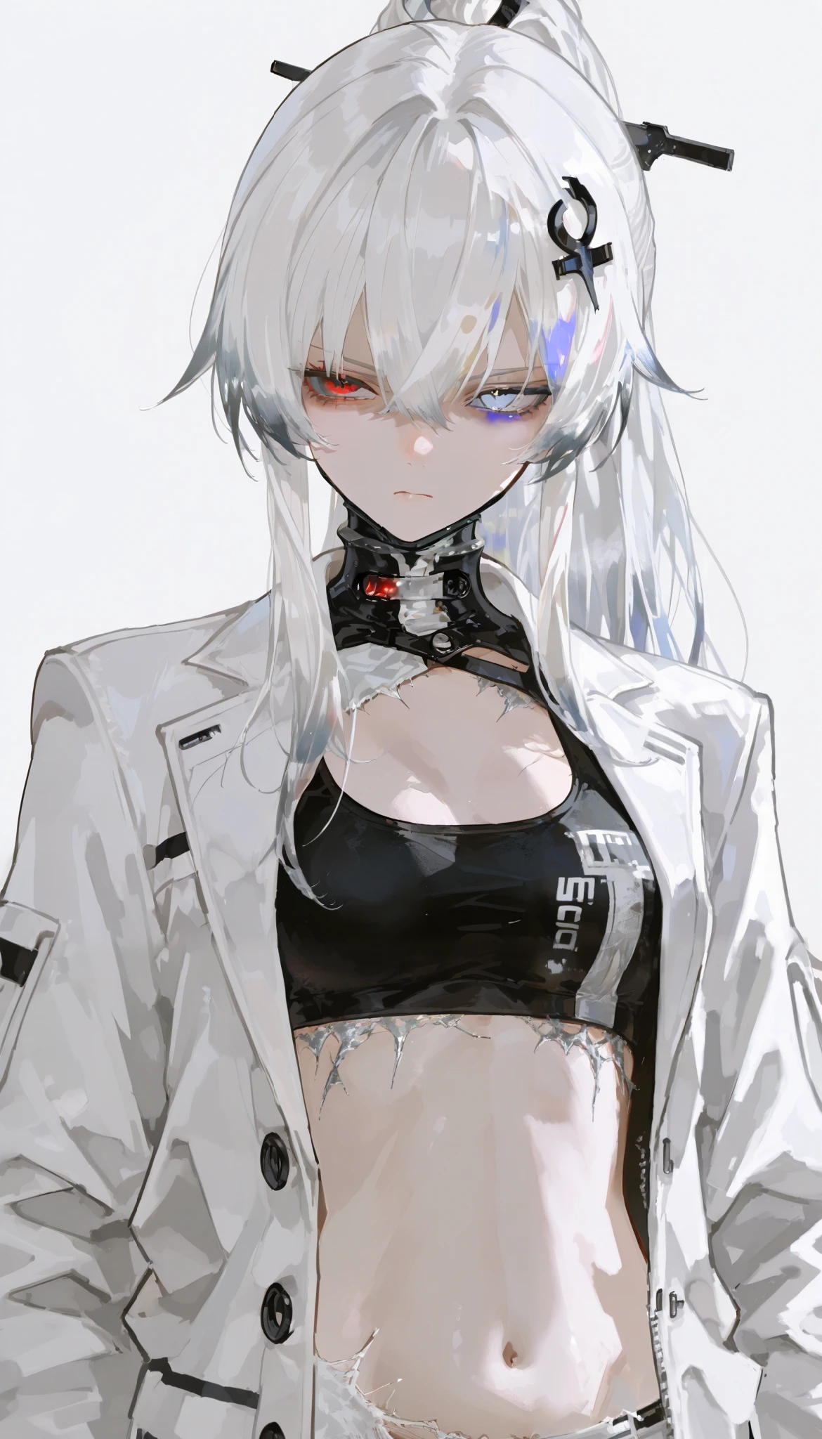 top quality , masterpiece, 748cm style , 1 girl, , Viewer, , serious expression,, gray crow punishing、 Lucia、 white jacket, Frayed long hair, white hair, gradation hair, hair ornament, heterochromia, Red Eyes, blue eyes, white suit
simple background, Viewerを見つめる, Long Hit, Bare Belly, upper body, ponytail, black sports bra