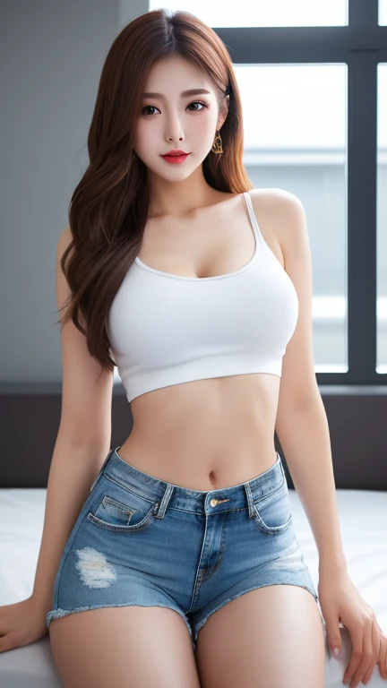 Beautiful white and shining skin、Chestnut hair that changes depending on the light、Long bangs between the eyes that obstruct the view、Cheek gloss highlights、Sexy and very beautiful gorgeous face、the most beautiful face in the world、small face beauty、golden ratio、full body shot、Beautiful woman with perfect body、plump breasts、underlender、constriction、toned stomach、solo、sexy、natural soft light、selfie pose、selfie、Thin shortTshirt、The inside is a little see-through、beautiful navel、Tight jeans、