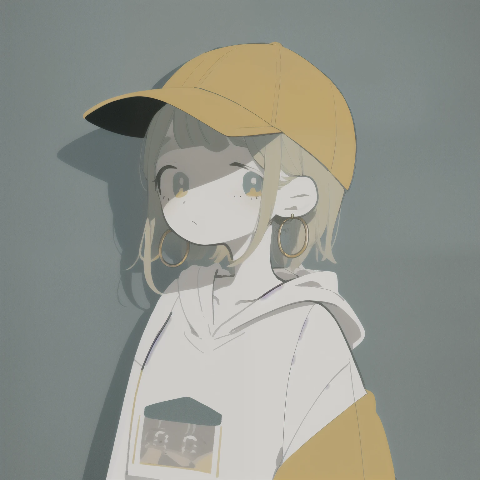 masterpiece, top quality, 1 girl, aqua eye, black baseball cap, Gold, earrings, blue background, villages with, hoop earrings, jewelry by T, Watch Viewers, shirt, short hair, simple background, alone, upper body, yellow shirt,hoodie