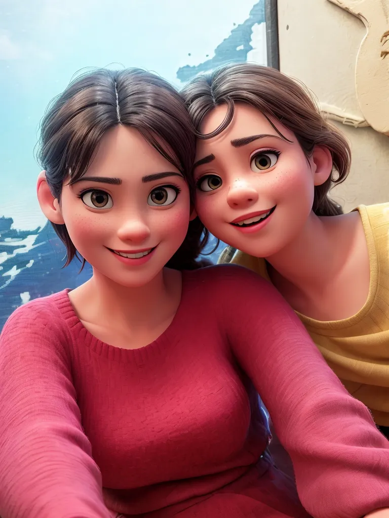 Mom and daughter are happy in the restaurant, Disney style, high quality