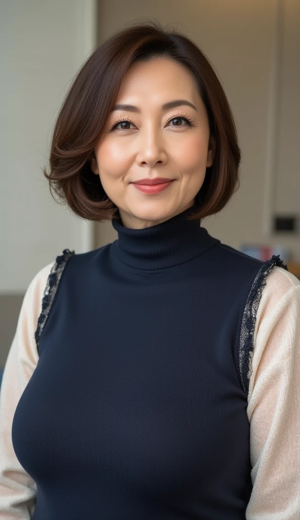 ((Best quality, 8K, Masterpiece, Portrait: 1.3)), (View viewers), Photorealism, Sharp focus, Solo, The Moro Islamic Liberation Front of Japan, Beauty,Wavy hair, Wrinkles at the corners of the eyes, to emphasize, ((Big breasts:1.3))),，30 years old, curlies, （(pencil skirts:1.0), (Manhattan lace blouse:1.0)，standing on your feet：1.3）