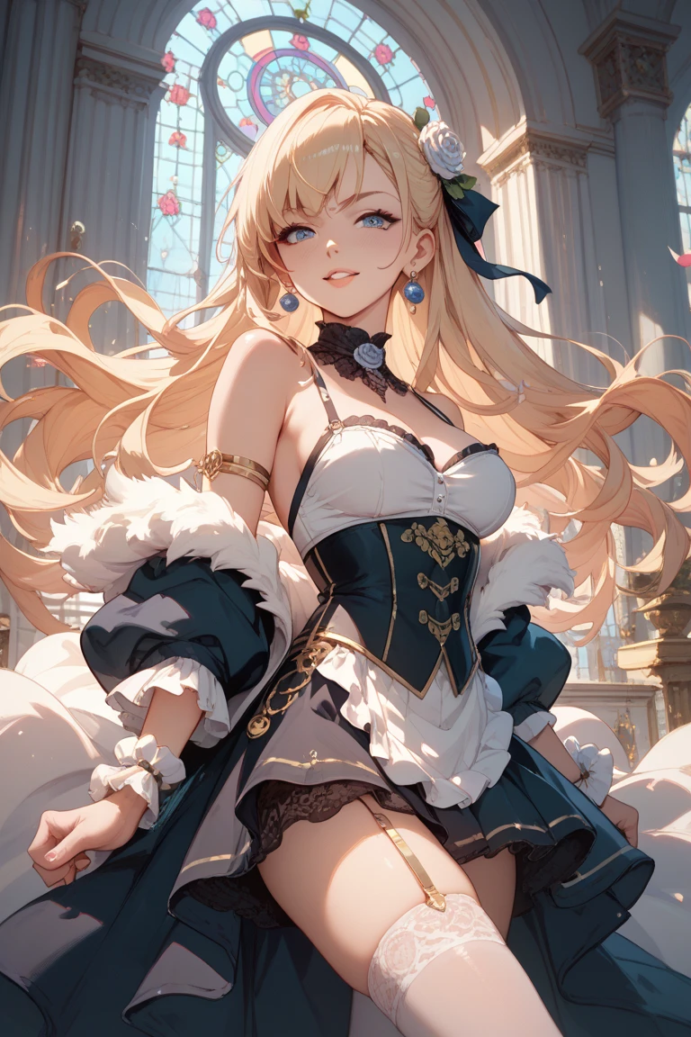 girl, beautiful, tez blanca, blonde hair, long hair, thick lips, seductive look, green eyes, defined body, vestido de seda beige, anime style