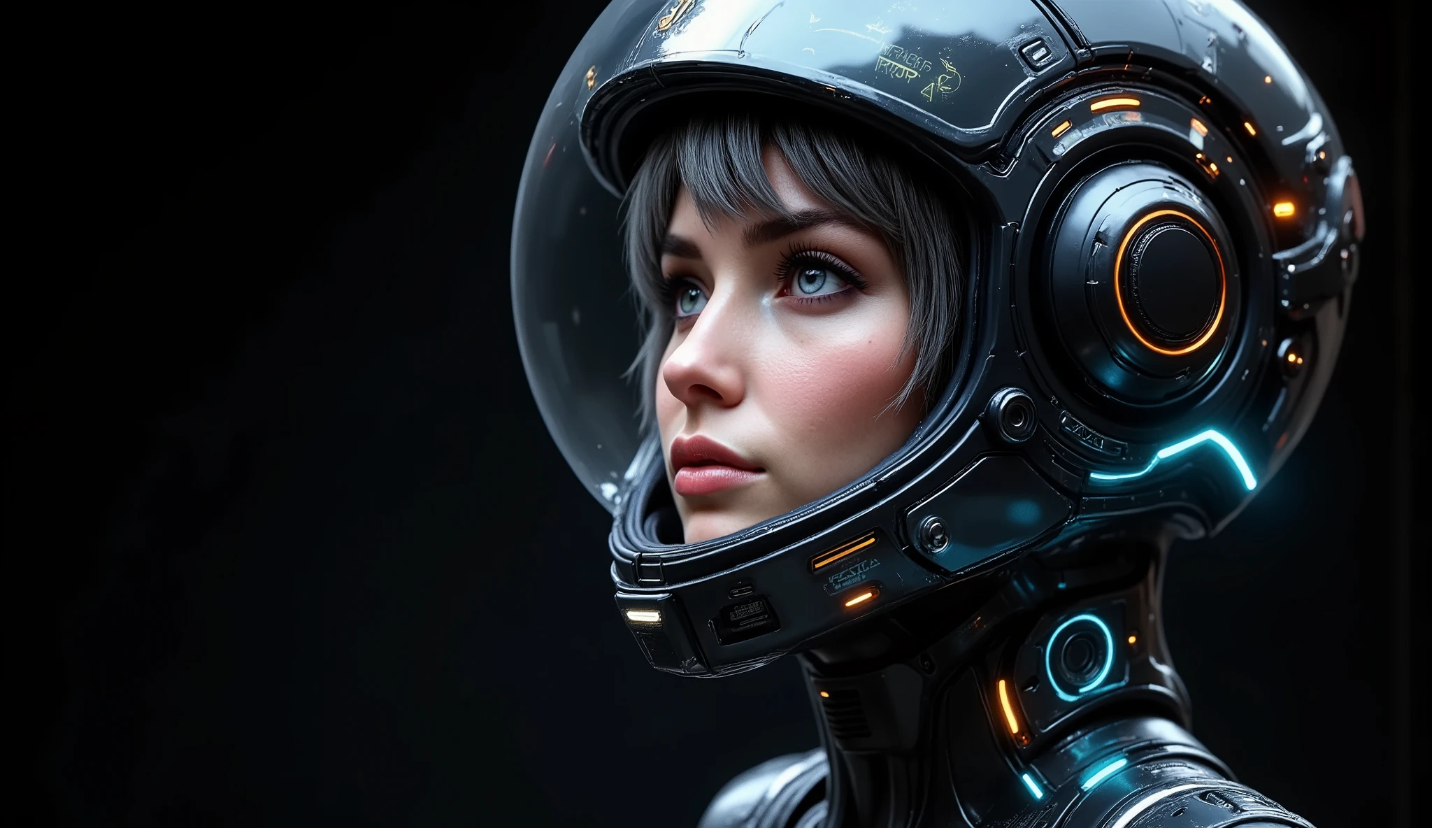 ((artwork, highest quality, highest image quality, high resolution, photorealistic, CRU photo, 8k)), (best quality, 4k, high resolution, masterpiece: 1.2), ultra detailed, (realistic, photorealistic: 1.37), ray traced. Best quality, masterpiece, pure black background image. (photorealistic: 1.4, extremely intricate: 1.3), (photon mapping, radiosity, physically based rendering, ultra resolution, hyperrealistic, photorealistic: 1.4, hyperrealistic, 8k), Notice: ((artwork, highest quality, highest image quality, high resolution, photorealistic, CRU photo, 8k)),(best quality, 4k, high resolution, masterpiece: 1.2), ultra detailed, (realistic, photorealistic: 1.37), ray traced. Best quality, masterpiece, pure black background image. ((artwork, highest quality, highest image quality, high resolution, photorealistic, CRU photo, 8k)), (best quality, 4k, high resolution, masterpiece: 1.2), ultra detailed, (realistic, photorealistic: 1.37), ray traced. Best quality, creates a beautiful girl, golden beauty, side view, low angle view, dressed as a futuristic astronaut, wearing a very advanced helmet with a transparent polymer visor that reflects holographic text. View of the face, black helmet with a lot of technological detail, the girl is beautiful, she has short black hair with gray, layered cut, very detailed light blue eyes, long eyelashes, thick, moist and half-open lips, skin with extreme detail, very detailed visor, with reflections. The girl looks at the camera with her helmet out of the corner of her eye and smiles shyly. Black background ideal for wallpaper.