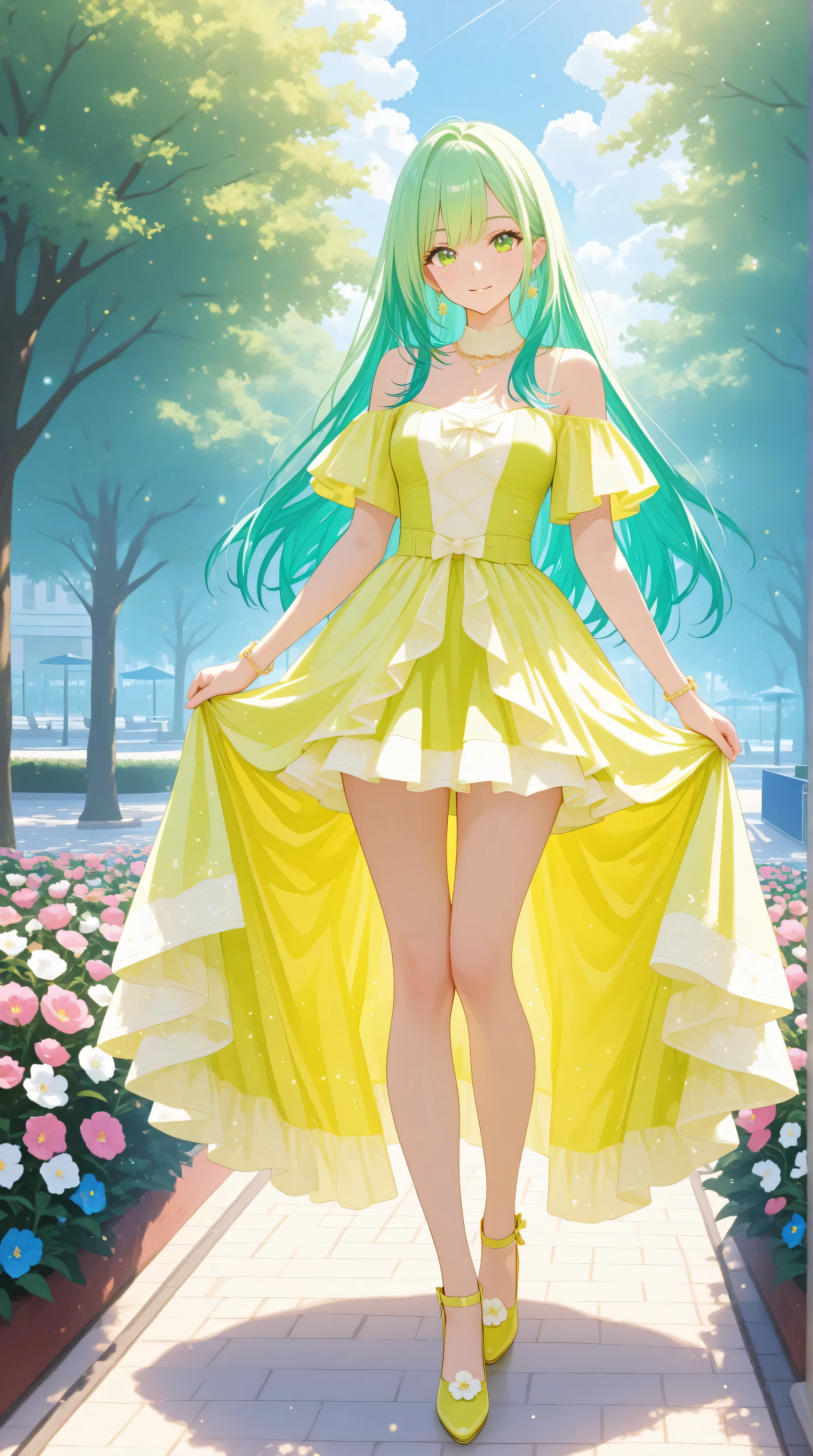 A photoreal portrait of a 22-year American girl with vibrant hair and a cute, wearing a colorful dress that accentuates her small, sexy body. She smiles brightly at the camera, her sparkling green eyes filled with warmth. Full body shot, 8k hdr, high detail, a lot of details, high quality, she should have a playful inviting expression while standing in a sunlit park, surrounded by blooming flowers