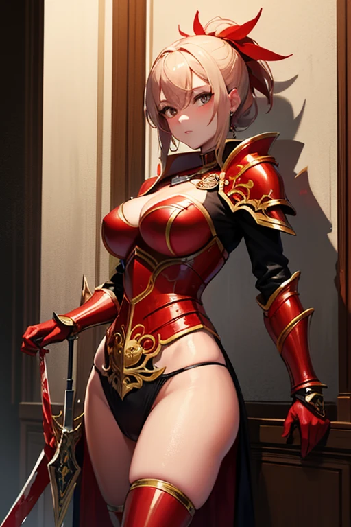 highest quality、cinematic lighting、crimson gladiator woman、Rin々nice face、arena、、deep red gladiator costume、full of sweat、dripping sweat、open your legs、(blonde ponytail)、