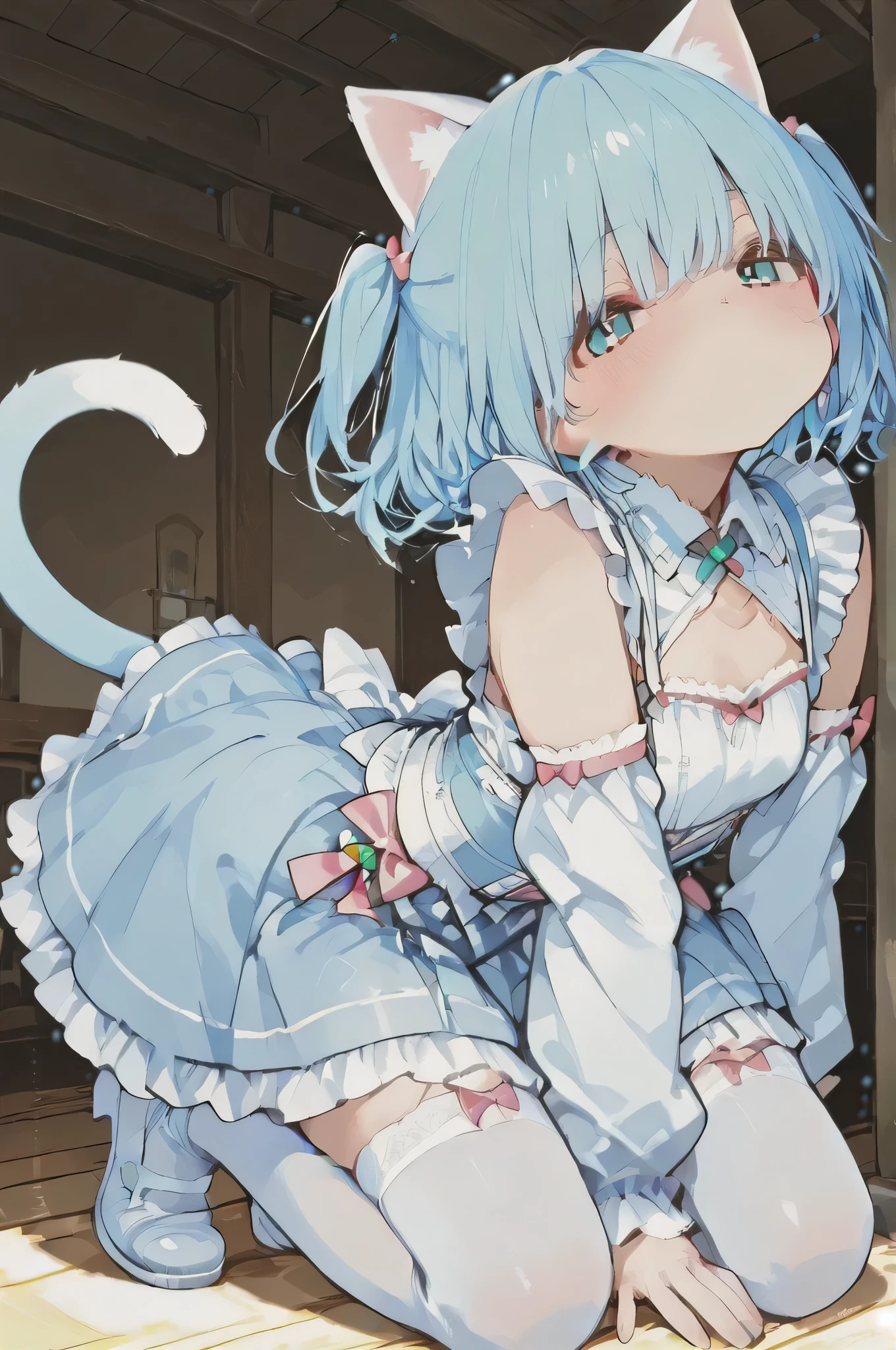 ,One girl,Deltamon_beta, alone, blue eyes, Knee socks, Animal ears, Bare shoulders, Blue Tail, Earrings,Removable sleeves, Green Hair, No sleeve, Cat ear, bag, white Knee socks, Cat's Tail,pink backpack,Pink school bag, Destroying All Fours, teeth, teeth focus, Camel Toe, From behind, Destroy the mimic chest, BREAK
score_9, score_8_superior, score_7_superior, score_6_superior, score_5_superior, score_4_superior, anime, No correction, (high quality, detailed, beautiful), Shiny, detailed beautiful eyes, Extraordinary, Countershading, detailed soft lighting