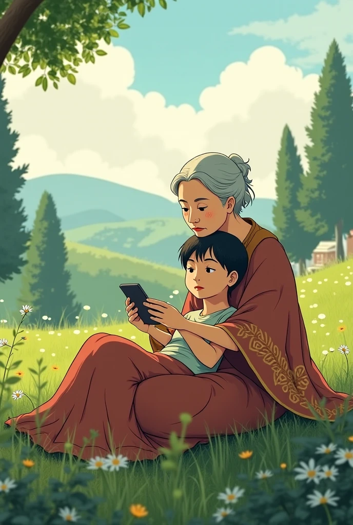 Create a Ghibli style image in which a  is lying on the lap of an old lady and looking at her phone screen.