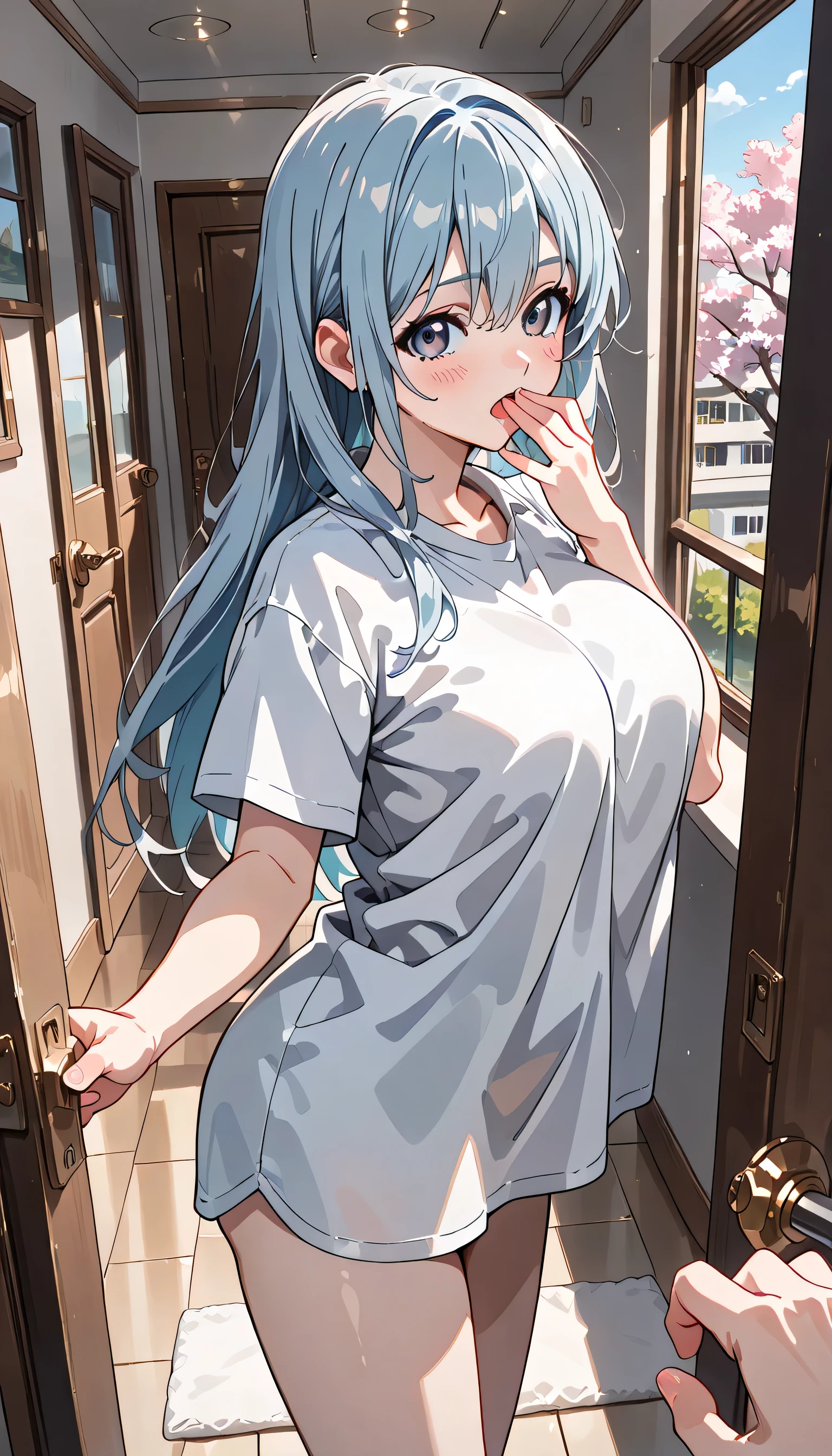 ((ultra-detailed)), (highly detailed CG illustration), (best quality:1.2), ultra-highly detailed, colorful composition, artistic photoshoot, 1girl, solo focus, ((thigh to top:1.4)), ((cowboy shot:1.4)), moe anime character, girl, dainty facial structure, (baby face), (round face), ((rounded chin:1.2)), ((ideal ratio body proportions)), (blue eyes), ((Yawn)), ((put hand on mouth)), ((Sleeping)), silver hair color, long hair, ample breasts, Open door, entrance, inside door, Door, Door handle, Doorknob, Drop sweat, POV, Clavicle, Shirt, Shoulder out, No bra, No pants, White shirt, Outside clothing, Outside shirt, (morning), (standing at the entrance), ((opening the front door:1.4)), ((opening door of apartment:1.4)), ((open the door from inside out:1.4)), ((Holding the doorknob:1.4)), ((looking viewer)), ((cherry blossoms in full bloom:1.4)), best quality, masterpiece, dynamic pose, from side, expecting, pink cheek, blush, light pink gloss slip, portrait, depth of field, soft lighting, sidelighting, (shine), lighting, caustics, ray tracing, smile, perfect face, lustrous skin, highly detailed face, highly detailed eyes, perfect face, perfect nose, perfect hair, perfect eyes, perfect anatomy, beautiful hair, beautiful small face, extremely detailed face, beautiful detailed eyes, beautiful clavicle, beautiful body, beautiful huge breasts, leavage, breasts squeezed together, equalize the size of the left and right breasts, beautiful thin thighs, beautiful legs, beautiful fingers, 4 fingers, 1 thumb, lovely, (very detailed background:1.0), (highly detailed background:1.0), spring aesthetic, intricate details, morning atmosphere, spring colors palette, chromatic