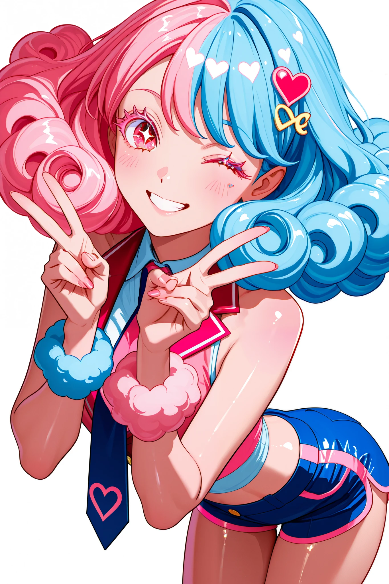 woman、poodle curl hair、transparent_background、sexy、sleeveless cut and sew、shorts、red color eyes、pink highlight hair、blue color hair、tie、blazer、smile、shiny hair、heart shaped hair pin、peace sign、sparkling_eyes、colored_eyelashes、one eye closed、