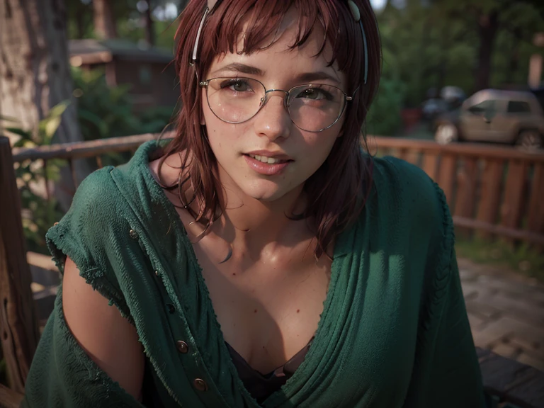 A single Woman, Twenty, very light pale skin, black messy hair, freckles on face, she has very light blue eyes, she is wearing glasses with black frames. Looking very shy. She is wearing a red sundress, which shows her shoulders, you can see her nipples. Small breasts. Her cleavage is lighter than the rest of her skin. A black choker around her neck. She is very detailed and ultra realistic. Stood in a very dark forest next to a campfire. It is night time and the fire is the only light. She is stood further back from the viewer.
