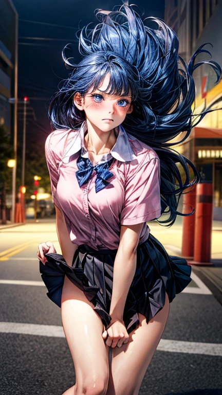 (masterpiece:1.2, highest quality), (realistic, photorealistic:1.4), beautiful illustrations, (natural side lighting, movie lighting), NSFW,
looking at the viewer, cowboy shot, Front view:0.6, 1 girl, Japanese, high school girl, perfect face, Cute symmetrical face, shiny skin,
(navy blue hair,long hair,blunt bangs),black eyes, Long Eye Lasher, (medium breasts),
beautiful hair, beautiful face, beautiful and fine eyes, beautiful clavicle, beautiful body, beautiful breasts, beautiful thighs, beautiful feet, beautiful fingers,
((white collared shirts, Navy jacket, Grape Pleated Mini Skirt, navy socks, brown loafers, red tie)),
(beautiful scenery), evening, riverside, Are standing, (half closed eyes,cute smile, upper eye),
