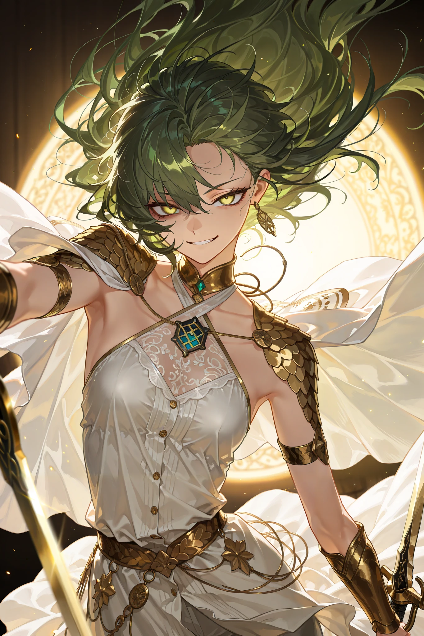 style of [arknights|(748cmstyle:0.5)], god rays, cinematic shot, mature, young adult, masterpiece, best quality, amazing quality, very aesthetic, high resolution, ultra-detailed, absurdres,
1girl, woman, solo, alone,(dynamic pose, side eye, looking at viewer, upper body focus, action shot, dutch angle, three quarter view, close up, cowboy shot:1.2), leaning backwards, flying, in the air, ethereal, half of her body is smoke, acrobatic pose, in combat, dual wielding glass hook swords, hooked swords, hooked sabers, halterneck, scale armor, renaissance dress, pointing a sword at viewer, death mark, astral signs, green eyes, yellow eyes, dress shirt, duchess clothes, runes, deep green hair, green hair, flowing hair, smirk, tsurime, narrowed eyes, sultry, sword saint, heavenly swordsman, yandere, gesugao, capelet, shoulder cape, small breasts, white clothes, flowy clothes, loose fitting clothes, loose clothes, [(whiter:0.22)|white greek dress with golden accents, ornate dress with armoured trim:0.4], novuschroma79 style, glitch art photo
BREAK, depth of field, volumetric lighting
 