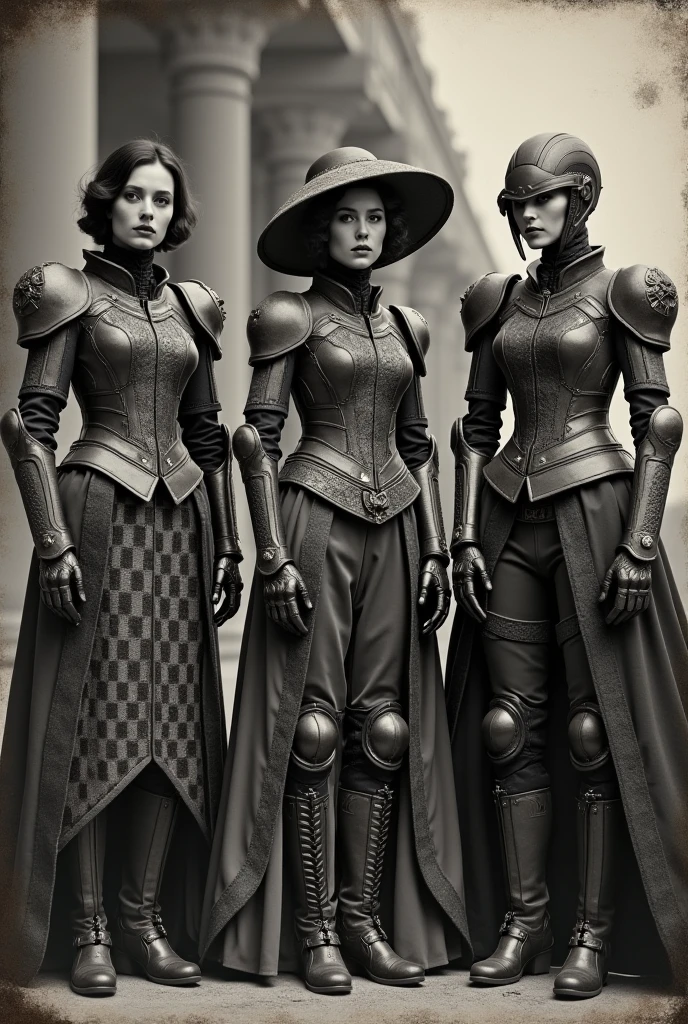 three men in steam - punk costumes stand in a street, inspired by Maciej Kuciara, three women, ambrotype, netfilx !n-9, sirens, still image from tv series, by Wojciech Siudmak, sisters, photogenic details on armor, torches, dystopic, 19 century, after a riot --auto --s2