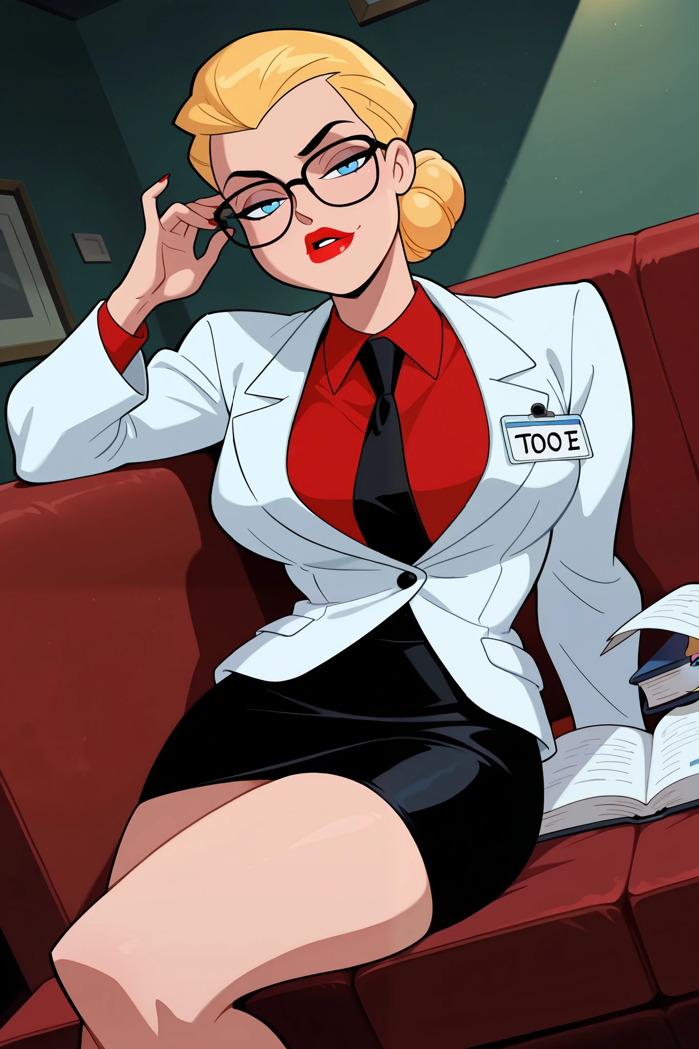 masterpiece, best quality, amazing quality, very aesthetic, newest,1girl,h4rl3yqu1nn,red shirt, black skirt, black necktie, glasses, red lips, blonde hair, hair bun, white jacket, blue eyes, large breasts, looking at viewer, reclining, sofa, doctor's office, sexy legs, seductive, dramatic lighting, spotlight, dutch angle,lift clothes