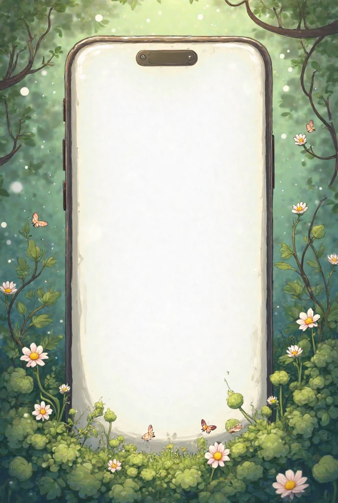 Create a Ghibli style image showing a phone screen with a white screen so I can place an ad on it.