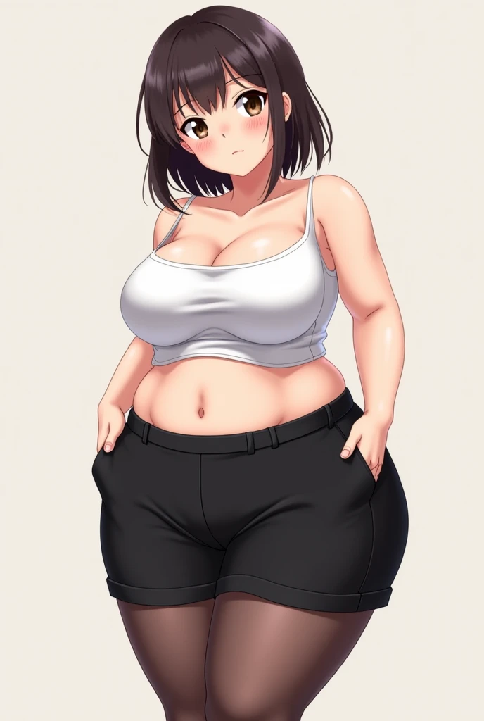 Videl's breasts measure 106 cm, masterpiece, best quality, highres, videl2, solo, blue eyes, black hair, twintails, black gloves, bike_shorts, bangs, white shirt, badge, cowboy shot, frown, hand on hip, leaning forward, pointing at viewer, Big Breasts , opening your legs, Nsfw , Focus crotch, detailed and sexy crotch , vulva Nsfw , Swollen vulva, big and voluptuous crotch vulva , Super tight shorts that highlight the vulva , POV, Firm pose, straight body
