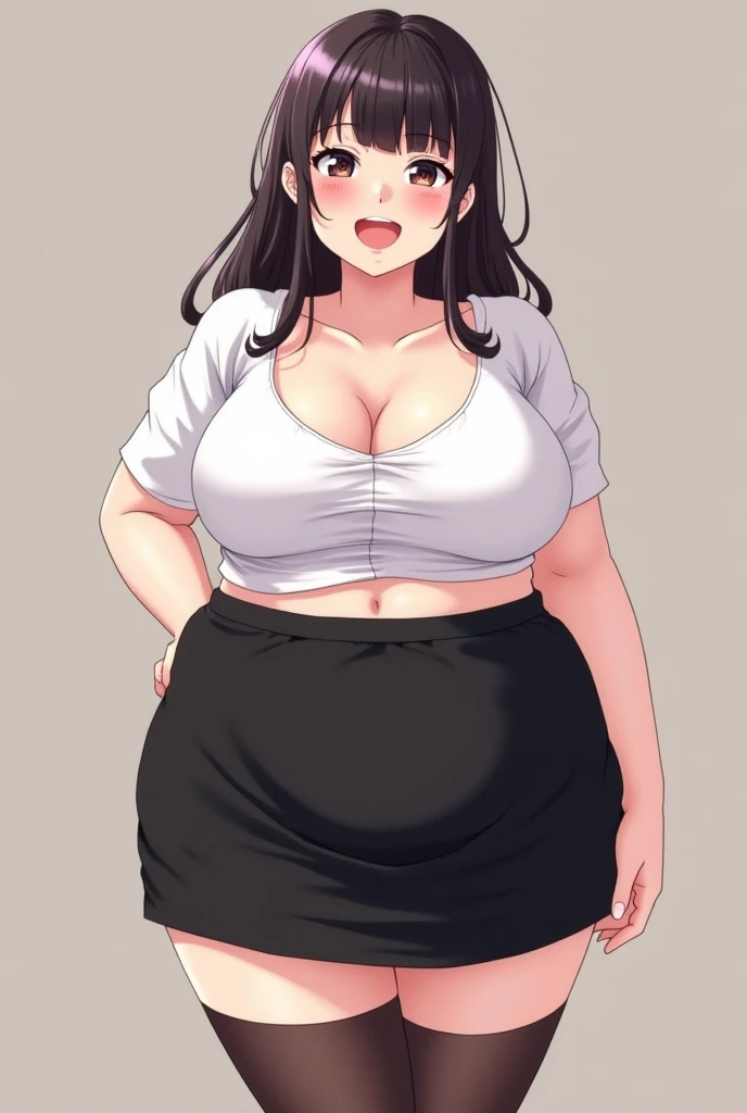 ((highres)), Masterpiece, high quality, best quality, beautiful, perfect lighting, detailed face, ultra cute face, looking at viewer, (((1girl))), (((solo))), long hair, fluffy hair, brown hair, ponytail, green eyes, ((blush)), white tank top, short red pleated skirt, thigh highs, chocker, large breasts, cleavage, perky breasts, (wide hips), (thick thighs), chubby belly, standing, fast food restaurant, arms behind back,