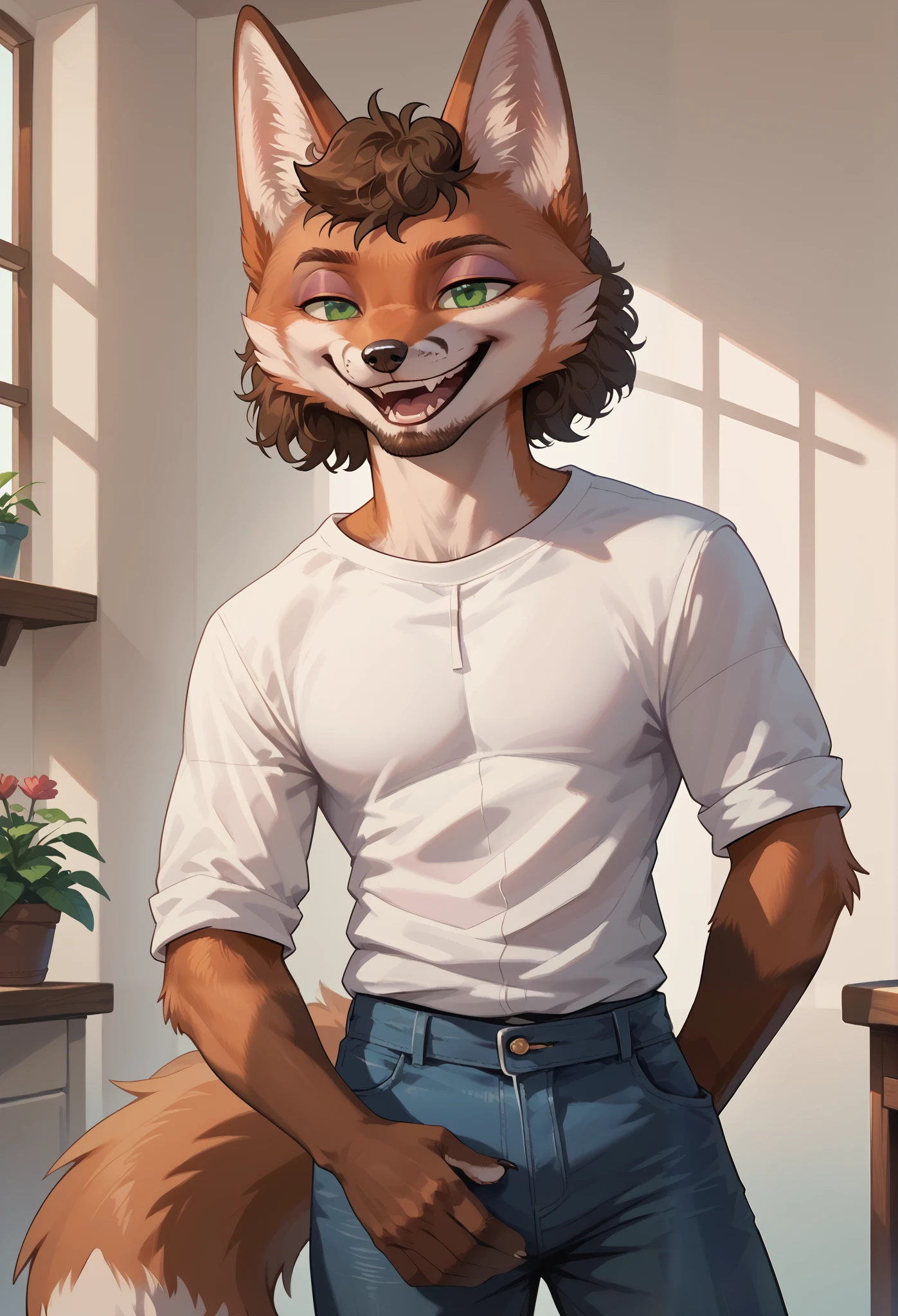 score_9, score_8_up, score_7_up, score_6_up, score_5_up, score_4_up, 1man, solo, Sineki, curly hair, fox male, anthro, brown body, short hair, green eyes, eyeshadow, body fur, detailed, beautiful, female, vector, flat colors, 4k, ultra detailed, open mouth, (masterpiece, high quality, best quality, 8k uhd, absurd res, very aesthetic, newest), ((2d, cartoon)), gigachad, muscular, facial hair, smiling
white shirt, shorts, 