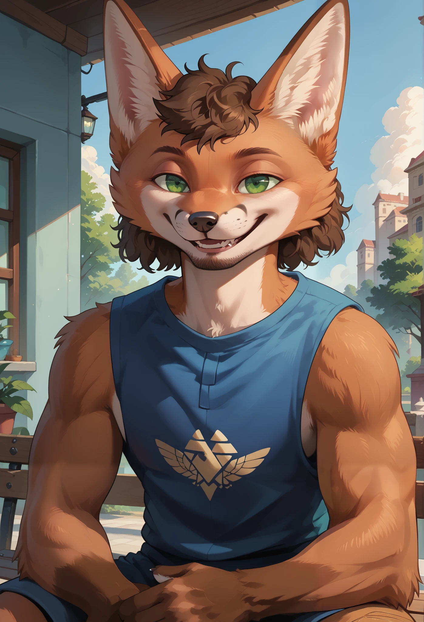 score_9, score_8_up, score_7_up, score_6_up, score_5_up, score_4_up, 1man, solo, Sineki, curly hair, fox male, brown body, short hair, green eyes, body fur, detailed, beautiful, female, vector, flat colors, 4k, ultra detailed, blink, (masterpiece, high quality, best quality, 8k uhd, absurd res, very aesthetic, newest), ((2d, cartoon)), gigachad, muscular, facial hair, smiling, sitting on bench