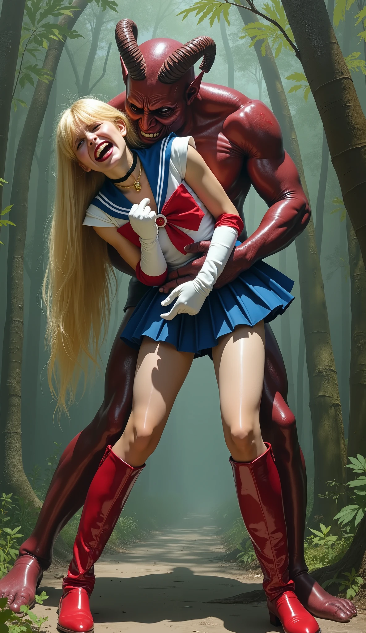 Hyperrealism, masterpiece, highest quality, A young Japanese woman is bending down and hugging from behind by a devil, ((she is crying and screaming in pain)), a bit of blood on her inner thighs, tears from her eyes, painful face, she is wearing a Sailor Moon costume, Blue sailor collar, Blue short mini pleated skirt, she is wearing a very short blue mini pleated skirt, (upskirt:1.8), Long white gloves, shiny beige color pantyhose, Exposed thighs, red long boots, big choker, long blonde Hair, a devil is standing sexual assault her from behind, the devil is hugging her tightly and push his private part into her skirt, in the jungle,