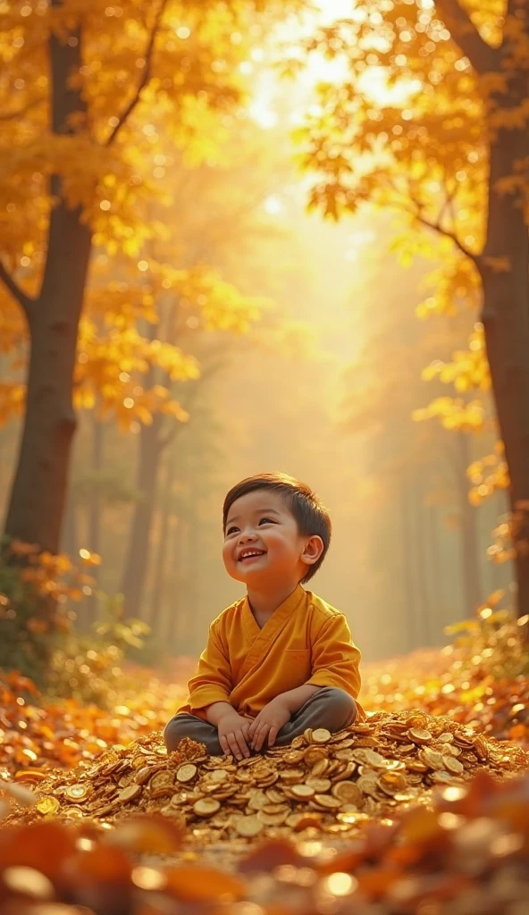 (highres,realistic:1.2), a boy sitting on the ground, dry elk leaves floating in the air, autumn scenery, peaceful atmosphere, warm sunlight, serene expression, joy, playful mood, golden leaves, orange and brown tones, gentle breeze, falling leaves, natural surroundings, soft grass, relaxed pose, scattered leaves around, crisp sound of leaves, vibrant colors, rustic setting, nature's beauty, quiet moment, outdoor activity, carefree youth, leafy ground, motion blur for leaves, wide-angle perspective, tranquil ambiance, childlike wonder, nostalgic feeling, enchanting scenery