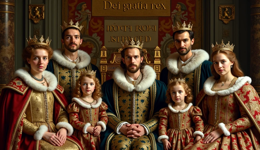 A 20 year old woman with blonde hair and golden strands, wearing a crown, sansa stark style dress dark clothes. By your side two blond twin babies, a girl and a boy.
Next to them are the father, a man with a crown, john snow style sitting on thrones, he holds a baby wearing royal , on the side the woman is on anoththrone holding a baby wearing royal attire