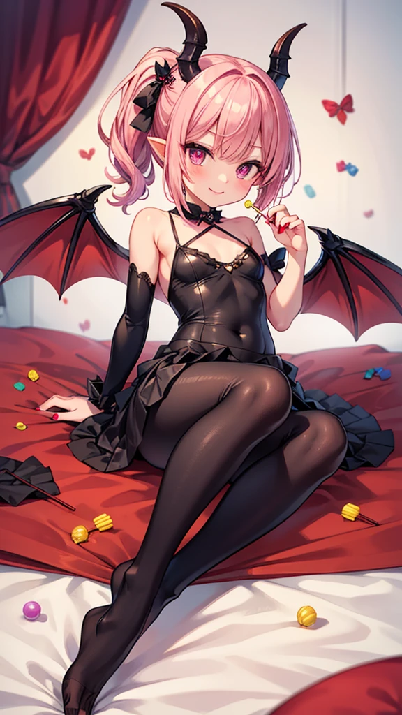 (masterpiece,best quality,ultra-detailed), an anime playful and sweet succubus. She has candy pink m-shaped bangs short hair with twin ponytails, ruby round eyes, fruit bat ears and wings, wearing a red and black gothic leotard with ruffle skirt succubus attire, ankle straps on her barefoot, lying on the bed playfully, face in a playful expression, smirk playfully, looking at viewer