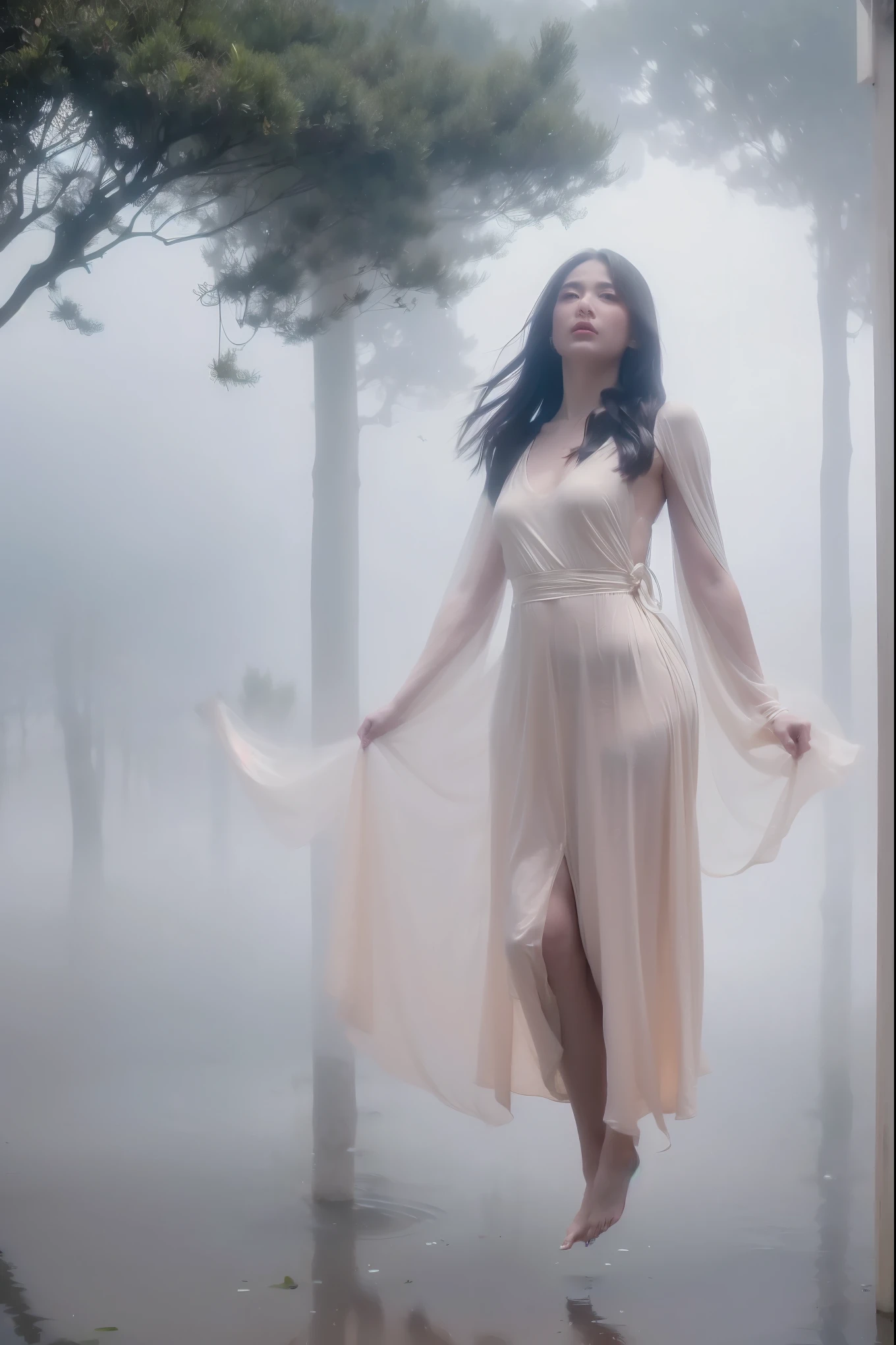 (masterpiece, best quality:1.2, 8k RAW photo, cinematic, high detailed photograph, natural soft lighting, photorealistic, realistic, mystic atmosphere), a full body photograph of a young beautiful female forest ghost with medium breast, ((bare naked, fully nude)), ((((((floating in the air))), on the foggy lake, in a natural foggy forest, thick fog))), (heavy rain:1.5), temptating, seducing, hypnotizing viewer to join her in the spirit world, (looking to camera:1.2),(((mystical night scene))), (close shot)