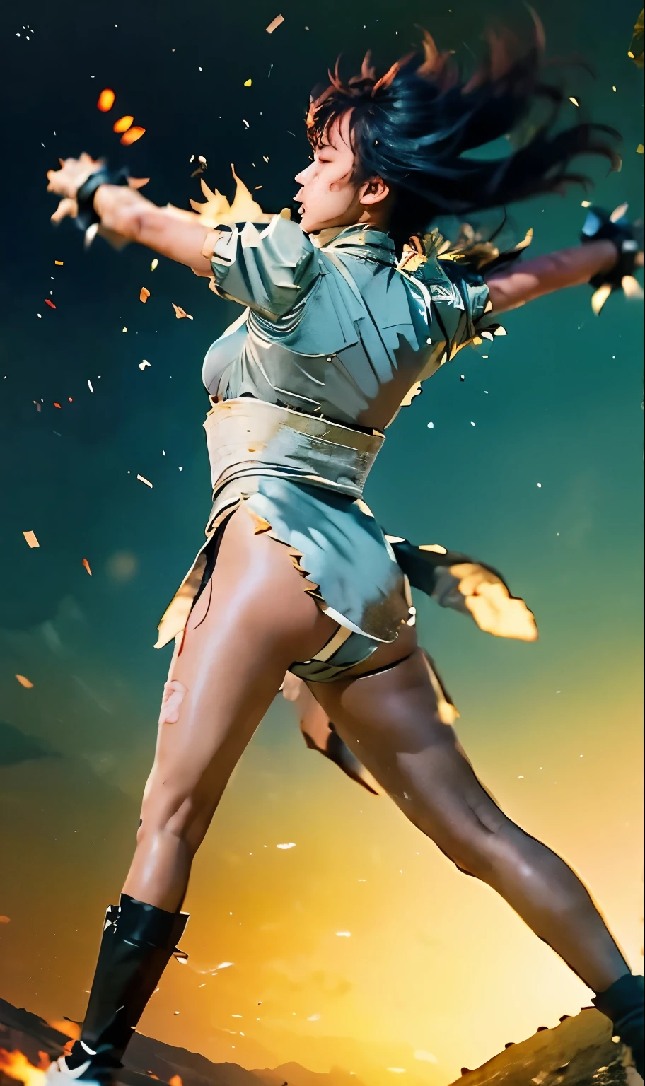 Put your hands down , loose, I'm floating in the air after being grabbed from behind by an enemy, I'm floating in the air and unconscious , close my eyes, Sad emotions , clothes are torn , Torn, skin damage , ryona, high definition, masterpiece