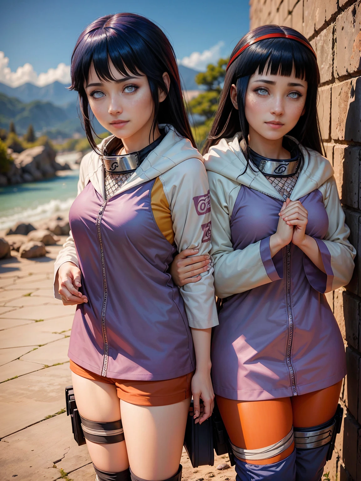 H1N4T4, 1 girl, hyuuga hinata, standing alone, (realisitic:0.5), work of art, standing alone, (best qualityer, perfect detailed, beautifully detailed Face, detailed eyes), shining bright, ray tracing, DOF, HDR, gradient eyes, sharp eyelash, ((eyelash)), mascara, detail_Face, eyelash, shiny hair, flerting, seductive ssmile, parted lips, breasts big, (soft particles floating:1.1), ((looking ahead at viewer)), (playmate pose:1.1), (whole body:1.1), ((8 k wallpaper)), ((high resolution)), long hair, Bblack hair, eye white, (pants:1.2), hand on hip, bangss, whole body, standing, Blurry, looking ahead at viewer,langeri sexy, ssmile, (grass field:1.4), (tree:1.2), (cherry blossom flower:1.3), (blue sky:1.3), (floor),