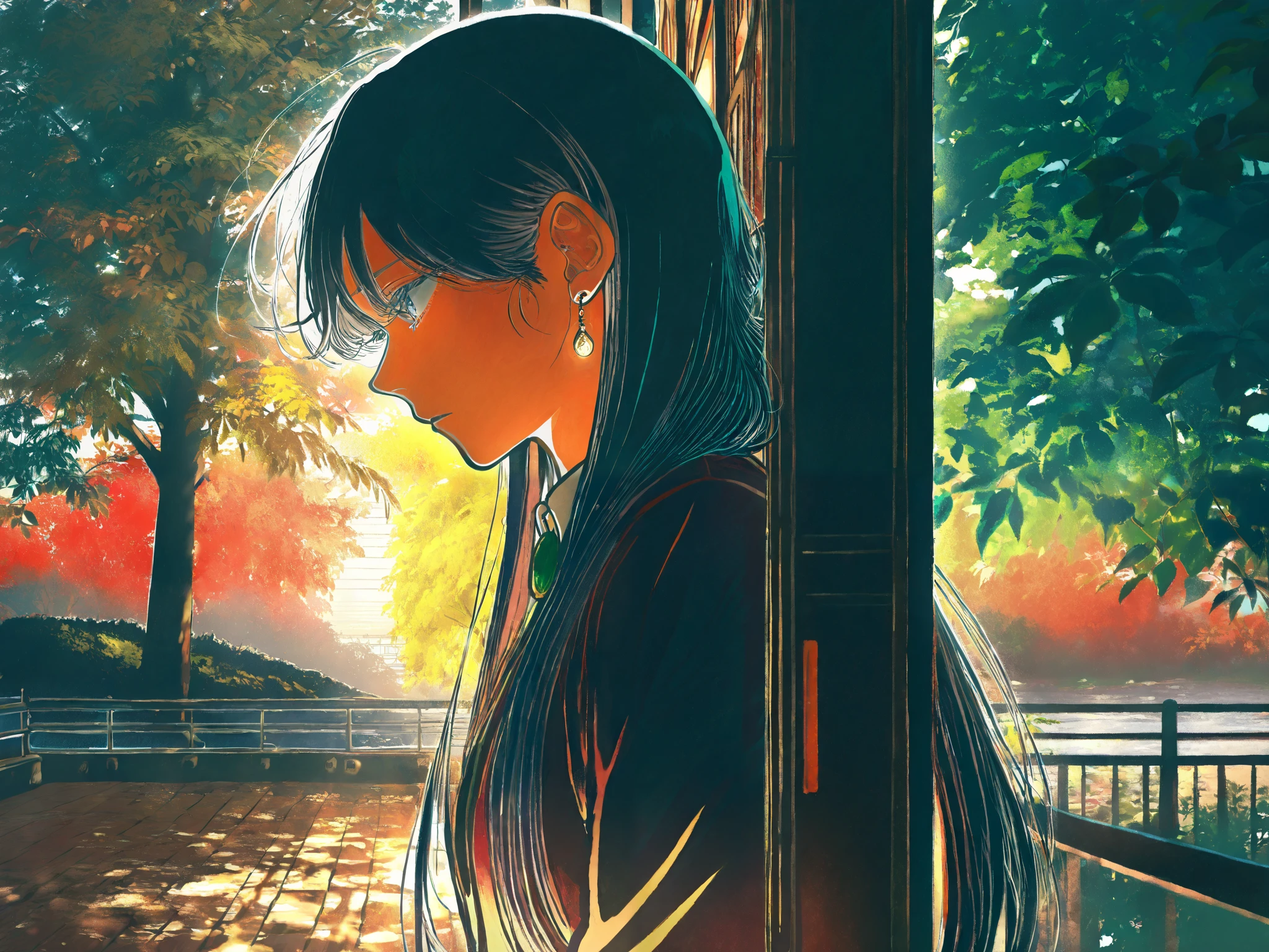 HDR, 8K, high contrast, masterpiece, best quality, amazing quality, very aesthetic, painting artstyle, realistic, newest, hyperdetailed painting, brushstrokes, digital painting, by kiri (2htkz)
BREAK
bounce light, hyperdetailed, detailed hair strands, detailed fibers, aesthetic, 8k wallpaper, detailed, masterpiece, best quality, amazing quality, very aesthetic, absurdres, 8K,masterpiece, great colors, color theory, great lighting, great composition, flawless. 1girl, Hime cut, gradient black hair, grey eyes, school outfit, looking to side, leaves in the wind, sharp sunlight, windy, tree shade, railing, Japanese road background. dappled lighting. leaning against railing, hair drooping, amazing, breathtaking art