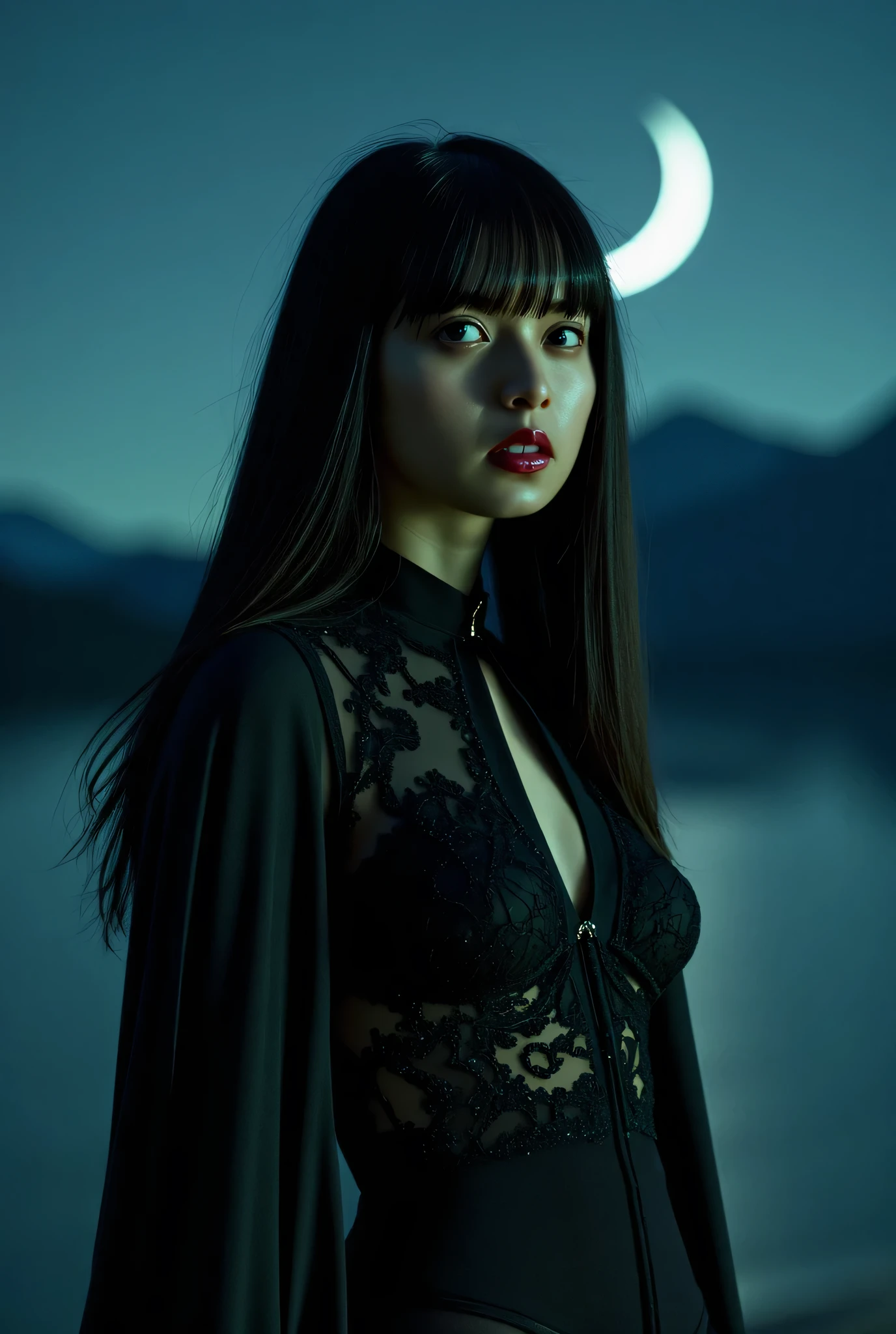 (((The summit of the Dark Mountain at midnight:2.0))),((star々The night sky shines beautifully:2.0)),(((Dark horror atmosphere with a gothic feel:2.0))),(((A long embroidered cloak with the front open on top of a high-leg leotard with the tip of a large, shiny copper sword directed at the viewer:2.0))), standing,((GROUND VIEW:2.0)),One female ghost,((super cute face:2.0)),(Beautiful well-balanced face :2.0),((long hair with bangs:2.0)),(black hair:1.5),(beautiful eyes:1.5),A glamorous shot of a 20-year-old Japanese woman, Slender Beautiful Body ,((model body type:2.0)),((slim body:1.7)),perfect body line,ideal proportions,((big  on the floor:2.0)),((スリーサイズ90-58-86:2.0)),((G cup breasts:2.0)),( popup:1.7),((((Underboob:2.0)))),Bare thighs,Sensual Thighs,delicate body,(Glutinous Flesh:1.7),harmonious posture,((Realistic breast depiction :1.7)),Carefully depicting limbs based on perfect anatomy,((super high-leg leotard in the style of the king of darkness with a copper sword:2.0)),((Super High Leg Leotard made of fitted lace:2.0)),((A long embroidered cloak with an open front over a hi-leg leotard:2.0)),(Black lipstick:2.0),((((Coarse mesh fishnet stockings:2.0)))),(((Copper crown:2.0))),concept art,(top quality:2.0),(masterpiece:2.0),((超high definition:2.0)),high definition,UHD,(Delicate Description), carefully drawn with butterfly wings ,32k,((Realistic Skin Texture:1.5)),(((ultra-realistic:1.5))),carefully draw eyelashes,very detailed face,Highly detailed female hand, Sexy appearance ,very sensual,(Blurry Dim Backgrounds :1.5),professional photo shoot,(movie light:2.0),((Rembrandt-style lights:2.0)