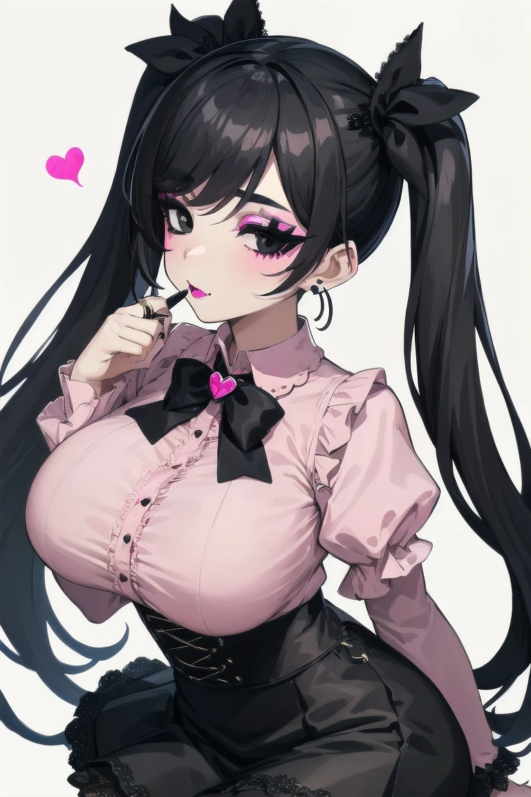 Draculaura has pale pink skin, pale purple eyes, and long black hair with pink streaks. Her hair would be seen a lot in pigtails, but she can wear it in a single ponytail, a beehive, or even hanging loose. Many of her physical features nod to her vampire heritage, such as pointed ears, fangs, and pale skin with a pink tint and a small pink heart right under her left eye. Her fashion motifs are vampire fangs, hearts, ribbons and bows, the color pink, and bat wings. Her makeup consists of deep pink lipstick and a line of pink eyeshadow on the crease. Draculaura also has grey lower lashes and earrings that resemble sky-blue bat wings. Her outfit consists of a pink and black dress with a black collar and a black skirt top. She also has pink and black sneakers with sky-blue laces.