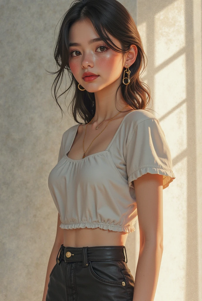 Standing Woman、(Place your hands behind your back and place your wrists on your hips)、Bind your wrists with a thin rope、Inside a well-lit studio、Beauty、20-year-old、university student、Wearing a short-sleeved blouse、Wearing a flared skirt、Uniform left and right eyes、Well-proportioned、Medium build、Small Bust、Small face、Small Ass、View from directly behind、The whole body is visible、, light brown hair, hair over shoulder, straight hair, shiny hair, symbol-shaped pupils, earrings, parted lips, seductive smile, Surrealism, cinematic lighting, first-person view, from behind, Nikon, cowboy shot, UHD, anatomically correct, textured skin, super detail, best quality, highres, 8k