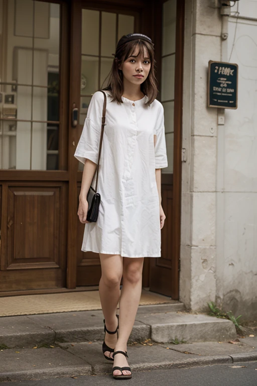 high quality、masterpiece、One Woman、Delicate、Droopy eyes、Light shirt、Thin thighs、Sandals、Shopping nearby、Eco Bag、
