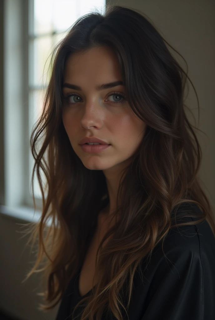 ((photorealistic))), photo, 32k, rd, (Ultra detailed face and eyes: 1.3), 1 fille, in an unbuttoned blouse, (Maquillage pour les yeux, mascara), long cils, (detailed labia majora), (Dark wavy hair), big heavy tits, (eye detail:1, 2), (ultra detailed leather: 1.3). photo session in a dark studio, (contour lighting), The play of light and'shadows), shallow depth of field, bokeh. Ambiance chaleureuse du cadre. (Dull color scheme), (Belt photo), ((granularity)), dazzle, ultra-detailed