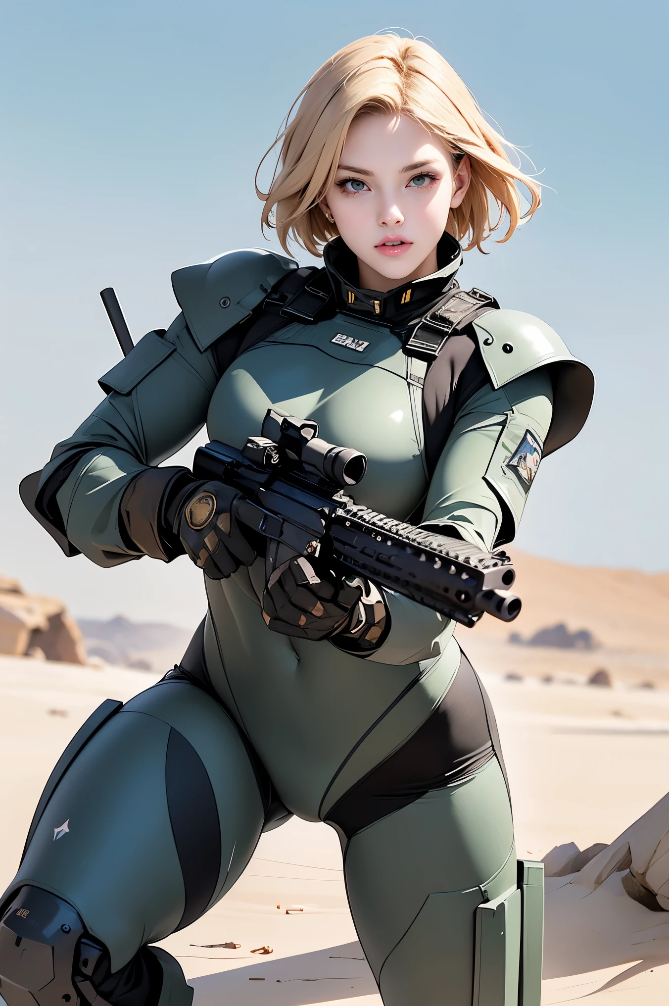 Browsing Caution, Anime screenshots, 16K, A body with perfect anatomical proportions, Perfect hands, action, Dynamic composition with a sense of speed and movement, (Hold an assault rifle:1.6), cute young girl, Perfectly beautiful, delicate and sexy face, Perfect and beautiful delicate eyes, Blonde Hair, Short Bob Hair, huge , Abdominal muscles, Camouflage colored heavy armor steam engine full armor power suit, Many heavily armored robot soldiers engaged in a gunfight in the background., flying bullets, Desert battlefield, war, explosive flame, Post-apocalyptic,
