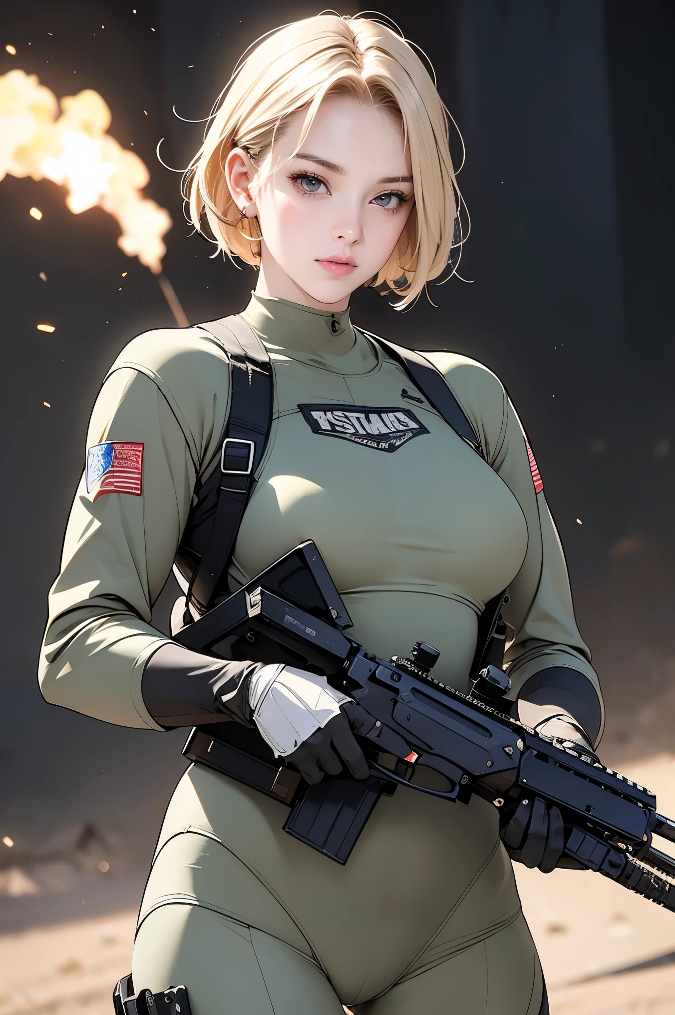 Browsing Caution, Anime screenshots, 16K, A body with perfect anatomical proportions, Perfect hands, action, Dynamic composition with a sense of speed and movement, (Hold an assault rifle:1.6), cute young girl, Perfectly beautiful, delicate and sexy face, Perfect and beautiful delicate eyes, Blonde Hair, Short Bob Hair, huge , Abdominal muscles, Camouflage colored heavy armor steam engine full armor power suit, Many heavily armored robot soldiers engaged in a gunfight in the background., flying bullets, Desert battlefield, war, explosive flame, Post-apocalyptic,