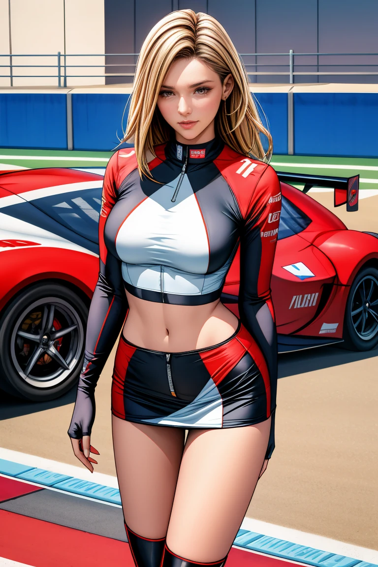 8K, masterpiece, best quality, photo realistic, ultra-detailed, 2 girls, athletic body, blonde hair, blue eyes, realistic skin texture, modest breasts, (smile:1.0), gaze at viewer, (form fitting car racing suit), (open zipper), (no helmet), very sexy, (cleavage), movie lighting, face focus, fine eyes, detailed face, well lit face, day light, red and black racing cars in background