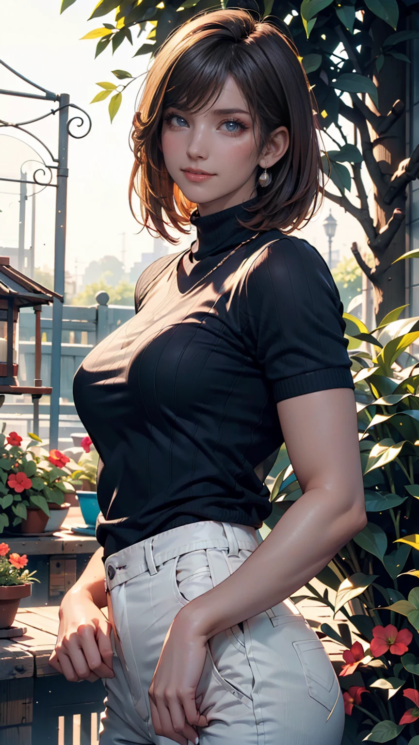 (best quality), (masterpiece), 1 girl, early 20's, huge heavy breasts, busty, perky breasts, thick, thick lips, wide hips, thin waist, boob tent, sweater, shirt tucked into pants