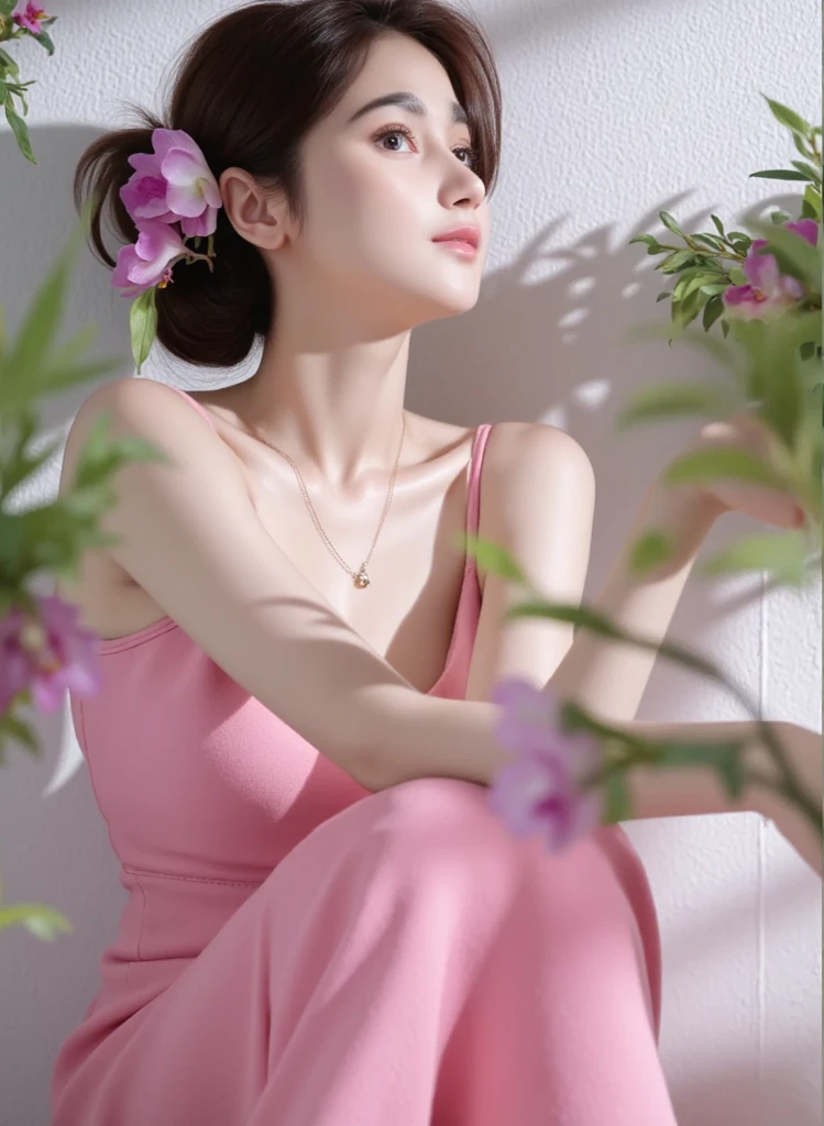 Portrait of a young woman sitting on a white bench with pink flowers in ...