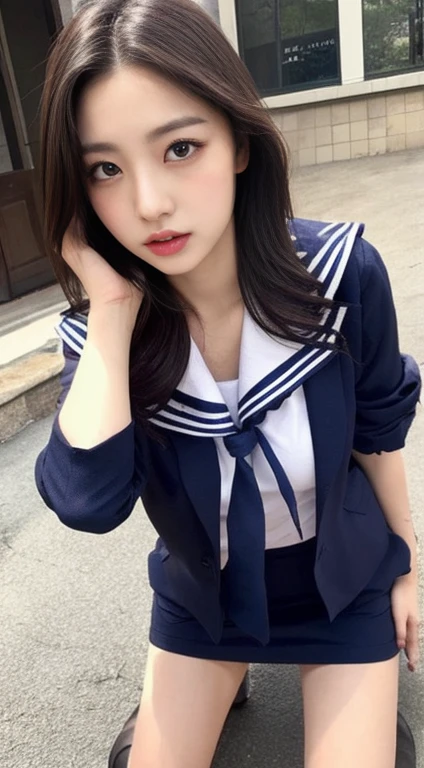 (Tabletop, Highest quality:1.2), 8k, Glasses、Official Art, RAW Photos, (Upper Body, Sailor suit,:1.4), beautiful girl, Idol's face, Pleated skirt, , Big Breasts Short sleeve, Cinema Lighting, Detailed face, Background blur, 1 girl