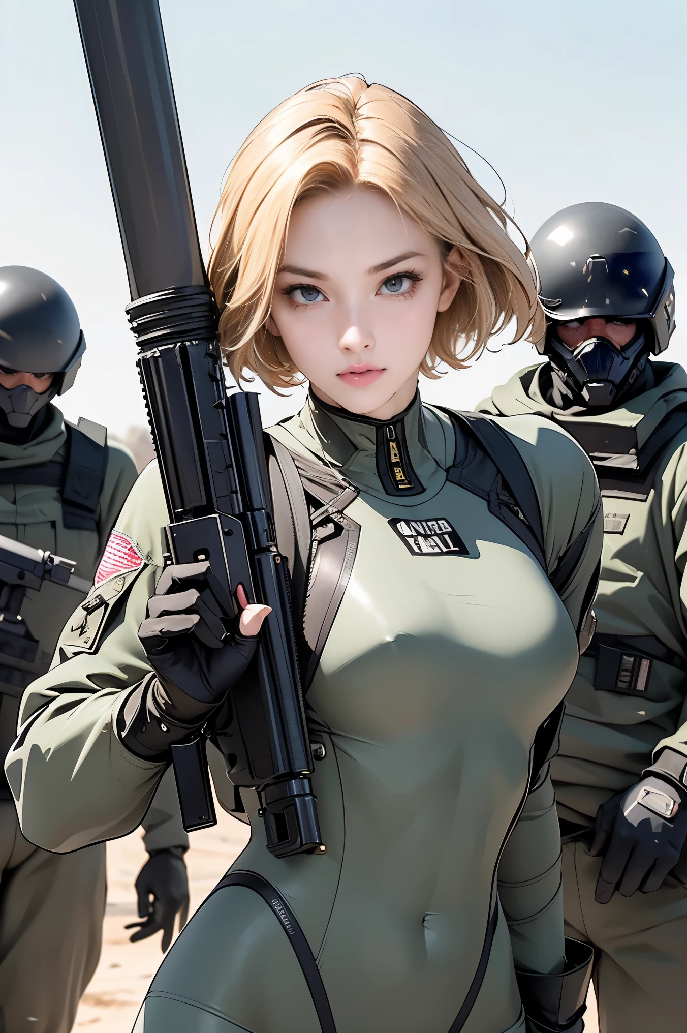 Browsing Caution, Anime screenshots, 16K, A body with perfect anatomical proportions, Perfect hands, action, Dynamic composition with a sense of speed and movement, (Hold an assault rifle:1.6), cute young girl, Perfectly beautiful, delicate and sexy face, Perfect and beautiful delicate eyes, Blonde Hair, Short Bob Hair, huge , Abdominal muscles, Camouflage colored heavy armor steam engine full armor power suit, Many heavily armored robot soldiers engaged in a gunfight in the background., flying bullets, Desert battlefield, war, explosive flame, Post-apocalyptic,