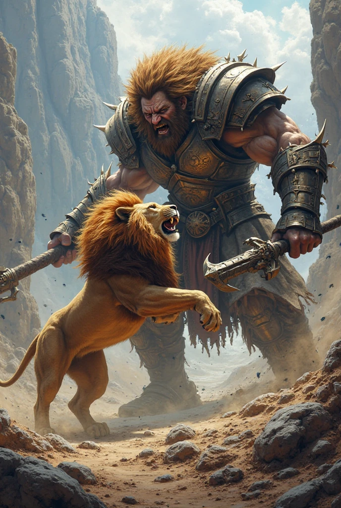 A warrior fighting a half-lion, half-human hybrid